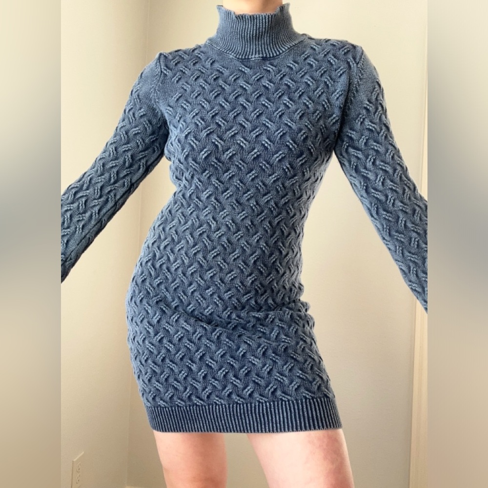 Blue knit mini dress with bell sleeves and mock neck #sweater